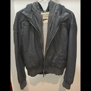 Grey Leather jacket with hood.